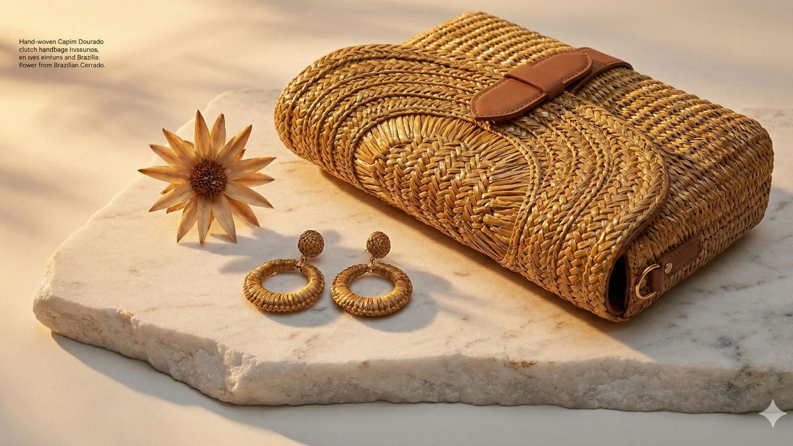 Handcrafted Golden Grass (Capim Dourado) bio-jewelry set featuring a bag and earrings on a white stone background, showcasing sustainable fashion trends