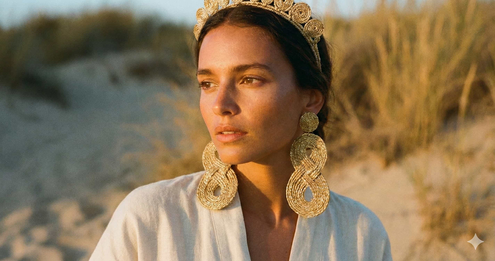 Woman wearing sculptural Golden Grass earrings and tiara, showcasing the Bio-Gold sustainable jewelry trend for Winter 2025
