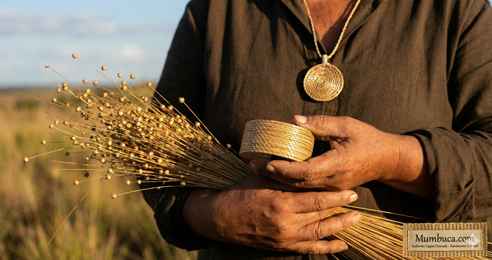 Authentic Golden Grass (Capim Dourado) harvest bundle next to handmade bio-jewelry earrings and bracelet from the Mumbuca Community, Jalapão.