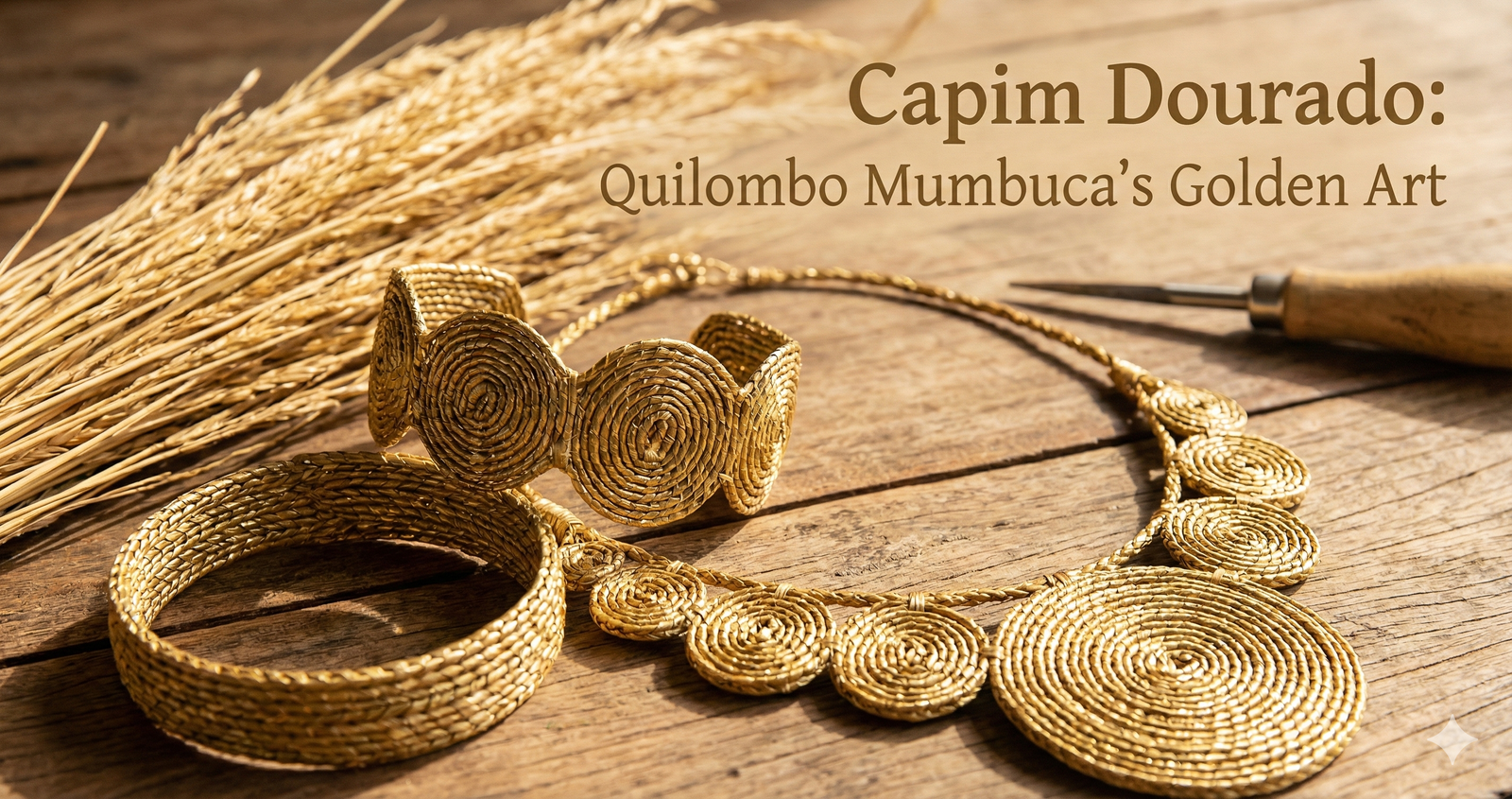 Handwoven golden grass jewelry from Quilombo Mumbuca artisans in Jalapão, Brazil, showcasing natural metallic golden sheen and intricate weaving patterns