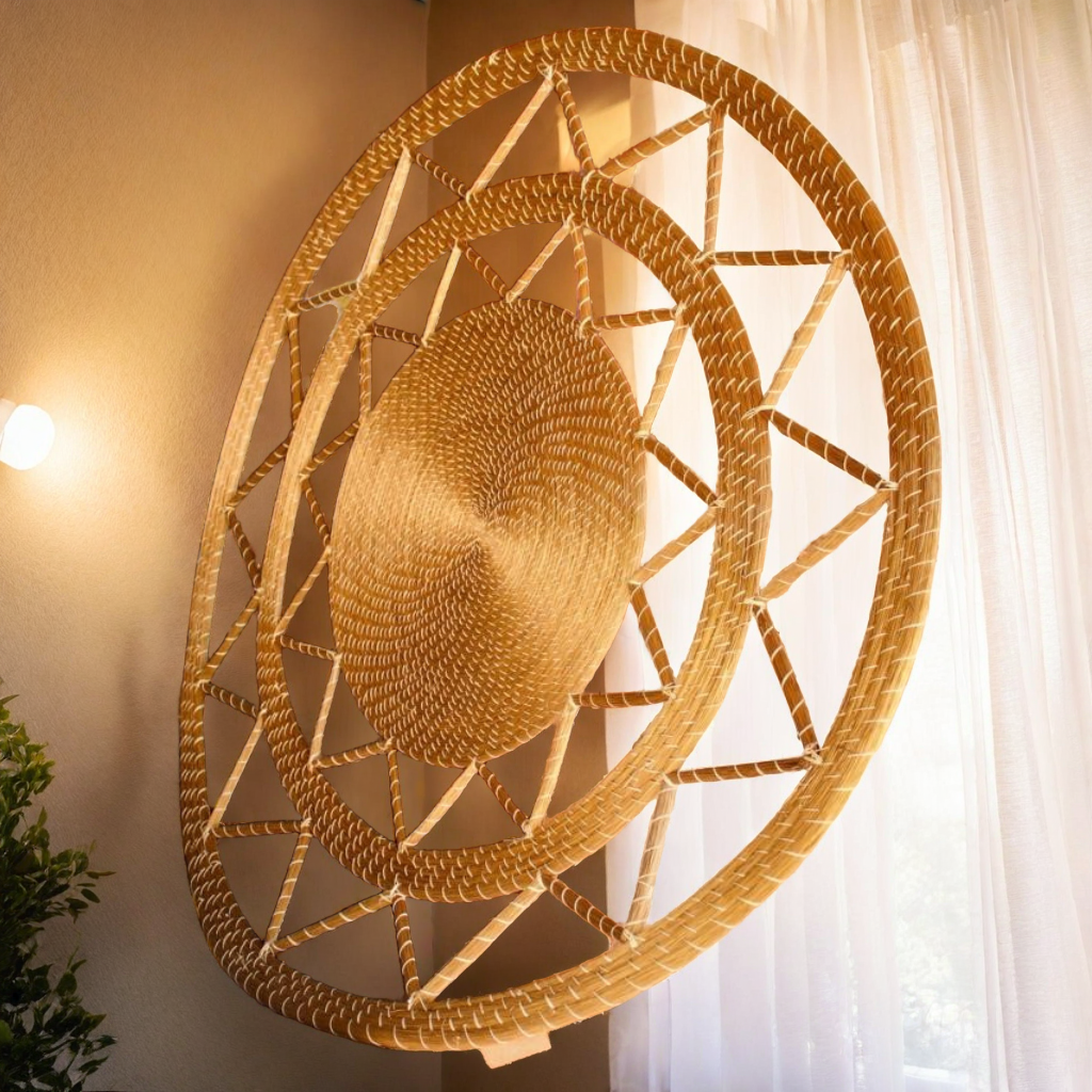 Handwoven Babassu Mandala from golden grass, sustainable boho wall art handcrafted in Brazil